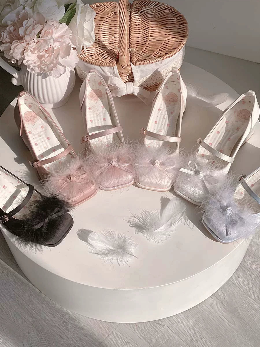 Elegant white tea-inspired Lolita Fetch butterfly bow and feather square-toe mid-heel shoes, perfect for a charming, versatile look.