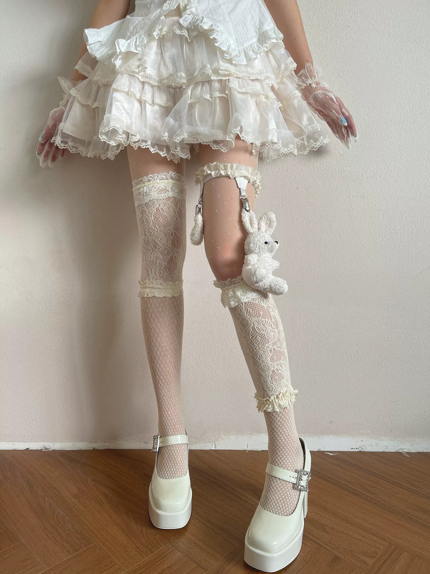 Sock Noble - Big-Eared Rabbit - Beige Tights and Lace Stockings with Rabbit Leg Ring