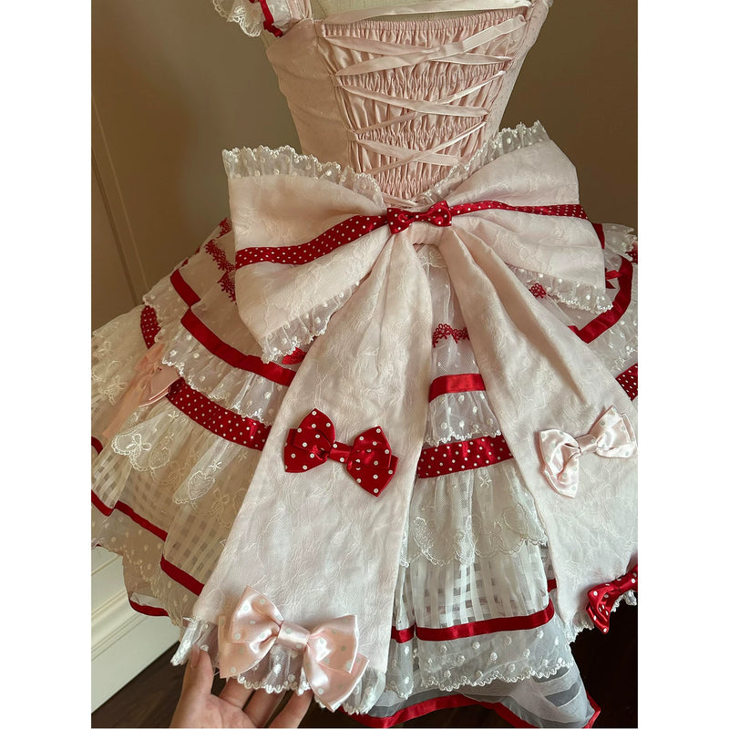 Creamy - Red Strawberry - White JSK Set with Trailing Bow