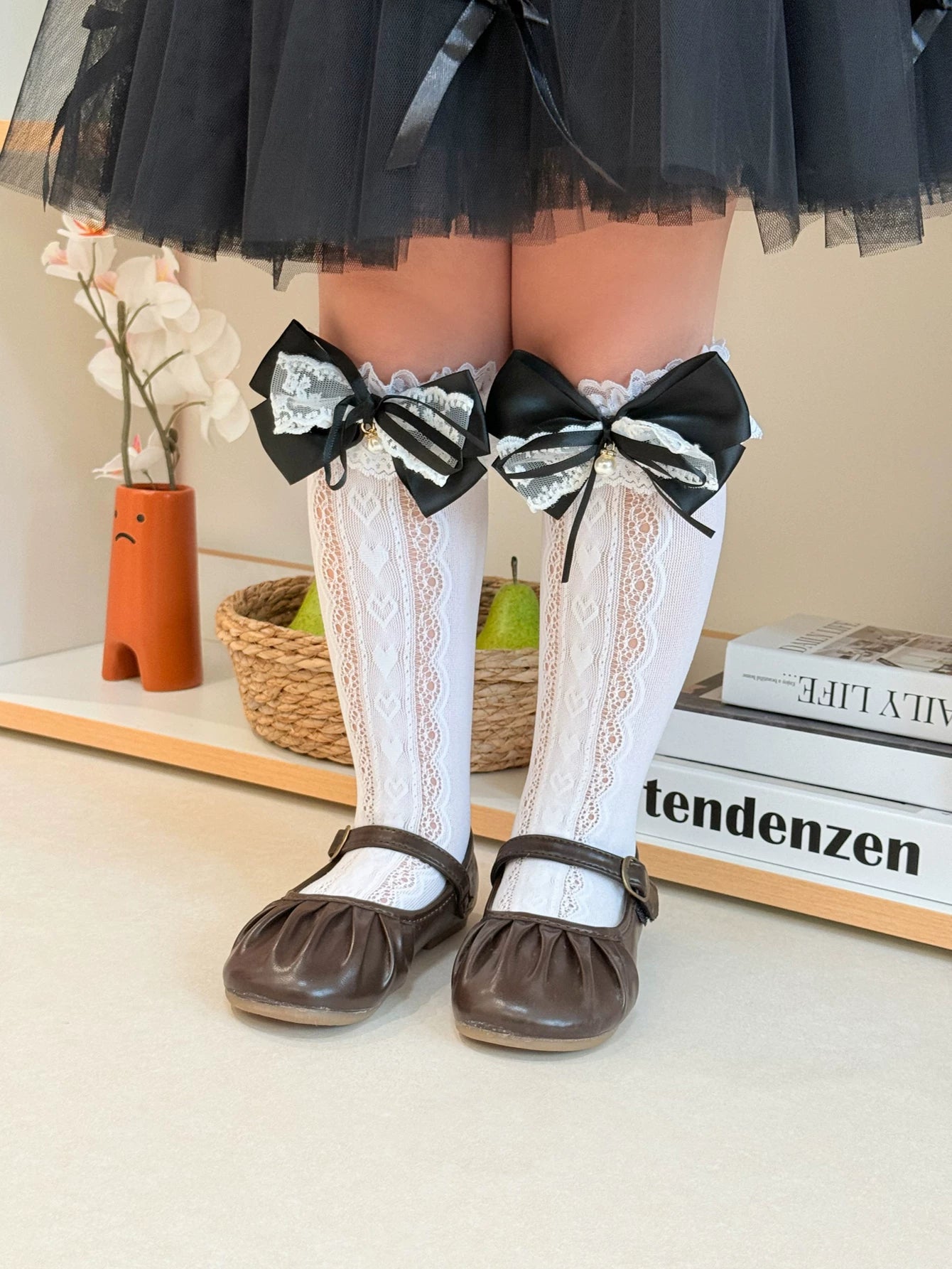Fantasy Doll - Pearl Bow Strawberry Lace - Decorative socks with lace and motif options