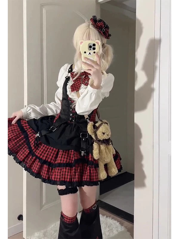 Creamy - Red Plaid Idol - Lolita outfit set with detachable white sleeves
