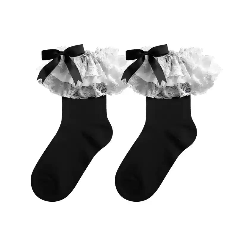 WAGUIR - Cotton Lolita Bow Socks with - Layered Lace Trim Socks
