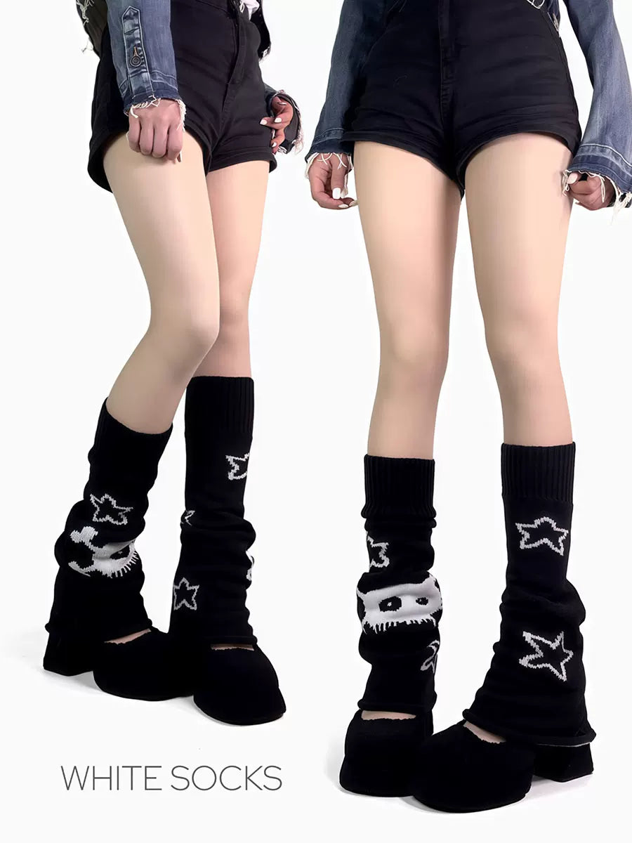 White Socks - Y2K Skull - Black Reversible Knit Leg Warmers
