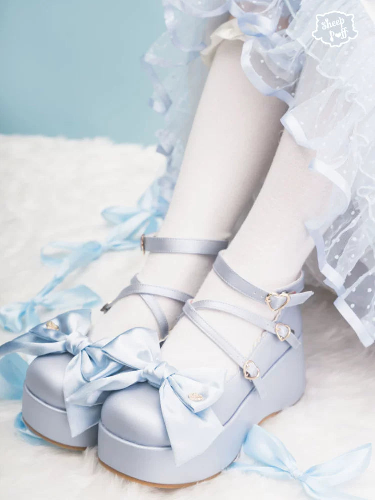 Sheep Puff Satin Doll Platform Lolita Shoes with rounded toe, satin finish, and decorative bow detail for stylish footwear.