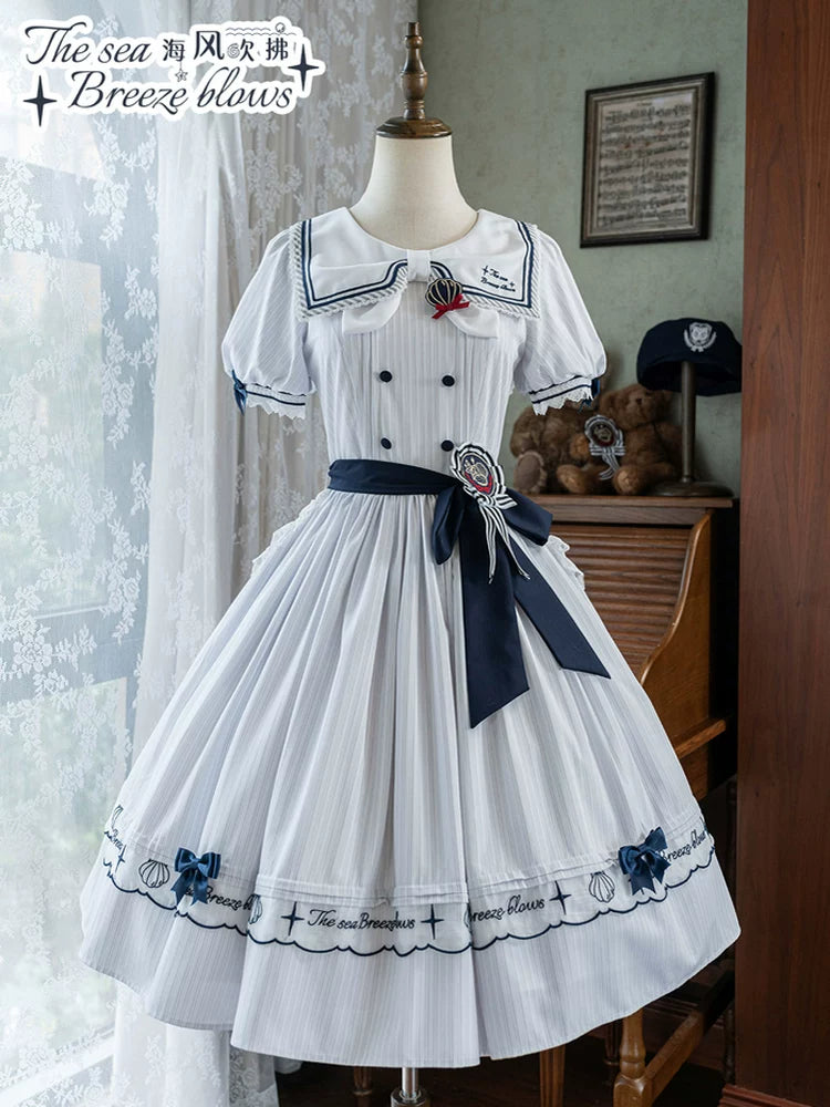 Navy and white nautical lolita OP dress with sailor collar and embroidered hem