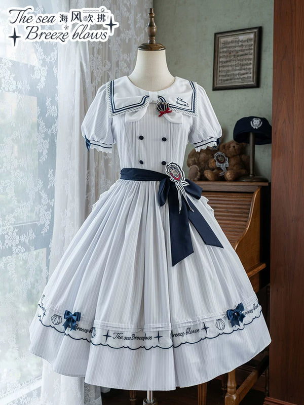 Navy and white nautical lolita OP dress with sailor collar and embroidered hem