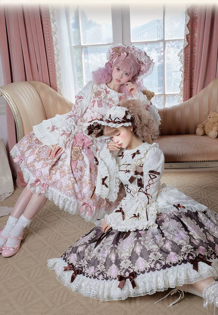 OCELOT - Antique Teddy Bear - Classic Lolita Printed JSK Dress with Ribbon Bows