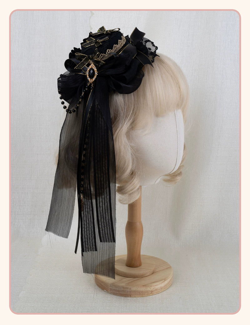 Stardust Rose - Dark Gothic - Black-and-Gold Mini Hat Hair Accessory with Layered Bows