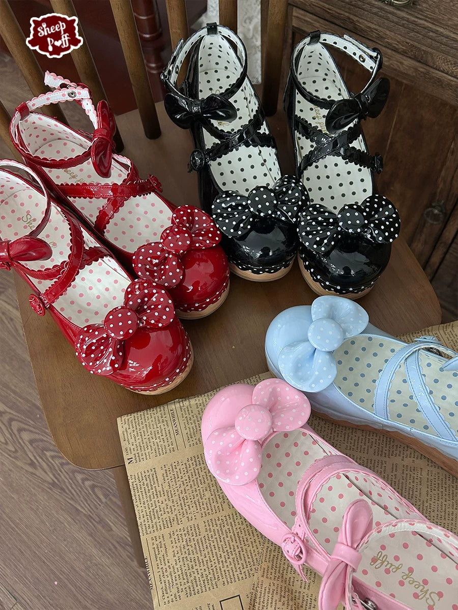 Sheep Puff Vintage Polka Platform Lolita Shoes featuring a classic polka dot pattern and chunky platform soles.