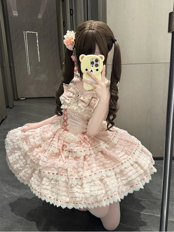 Creamy - Ballet Rose - Pink jumper skirt (JSK) with tiered ruffles and ribbon bows