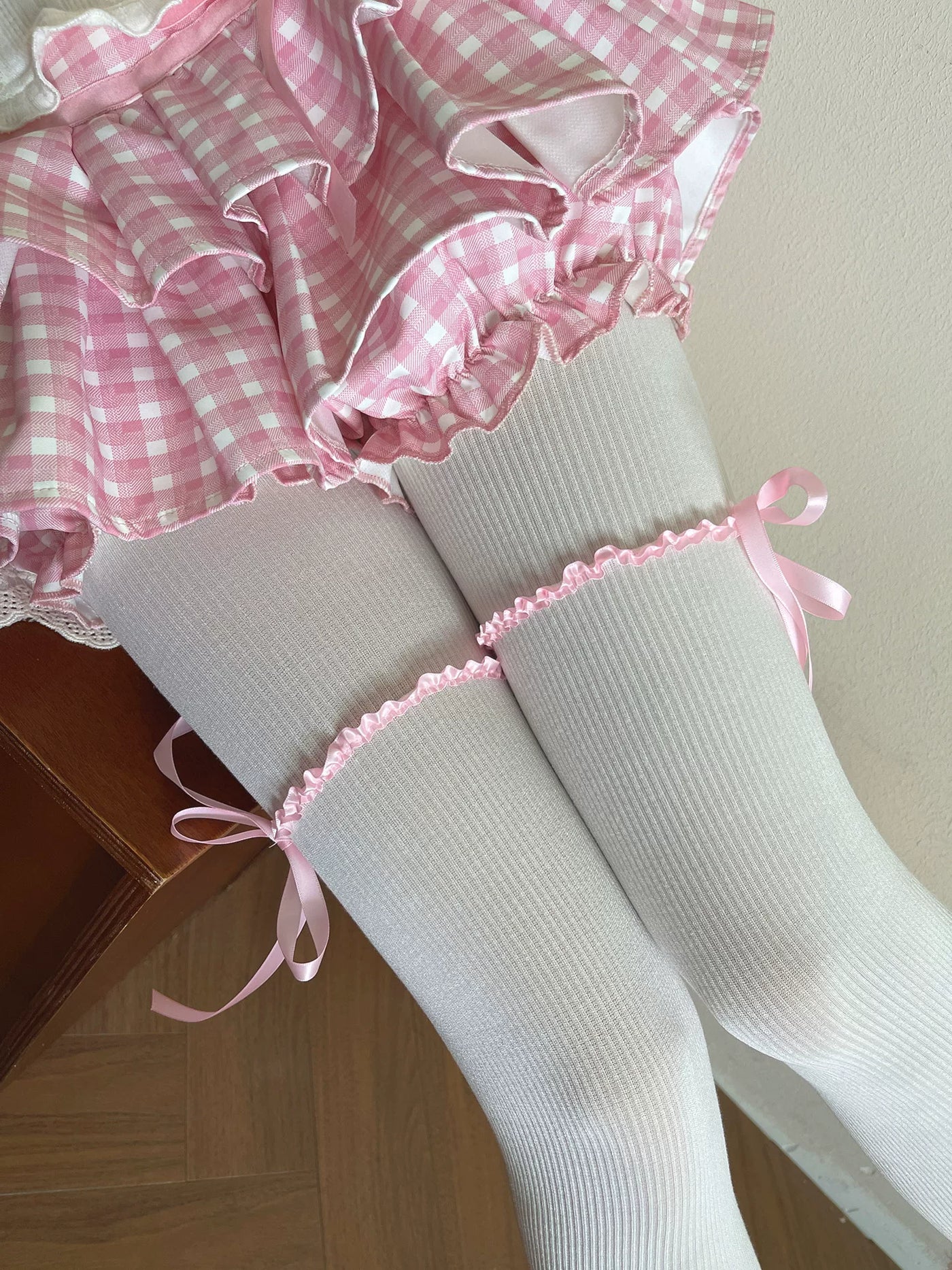 Sock Noble - Curly Dog Satin - Sock covers or pantyhose with pink bows and lace accents