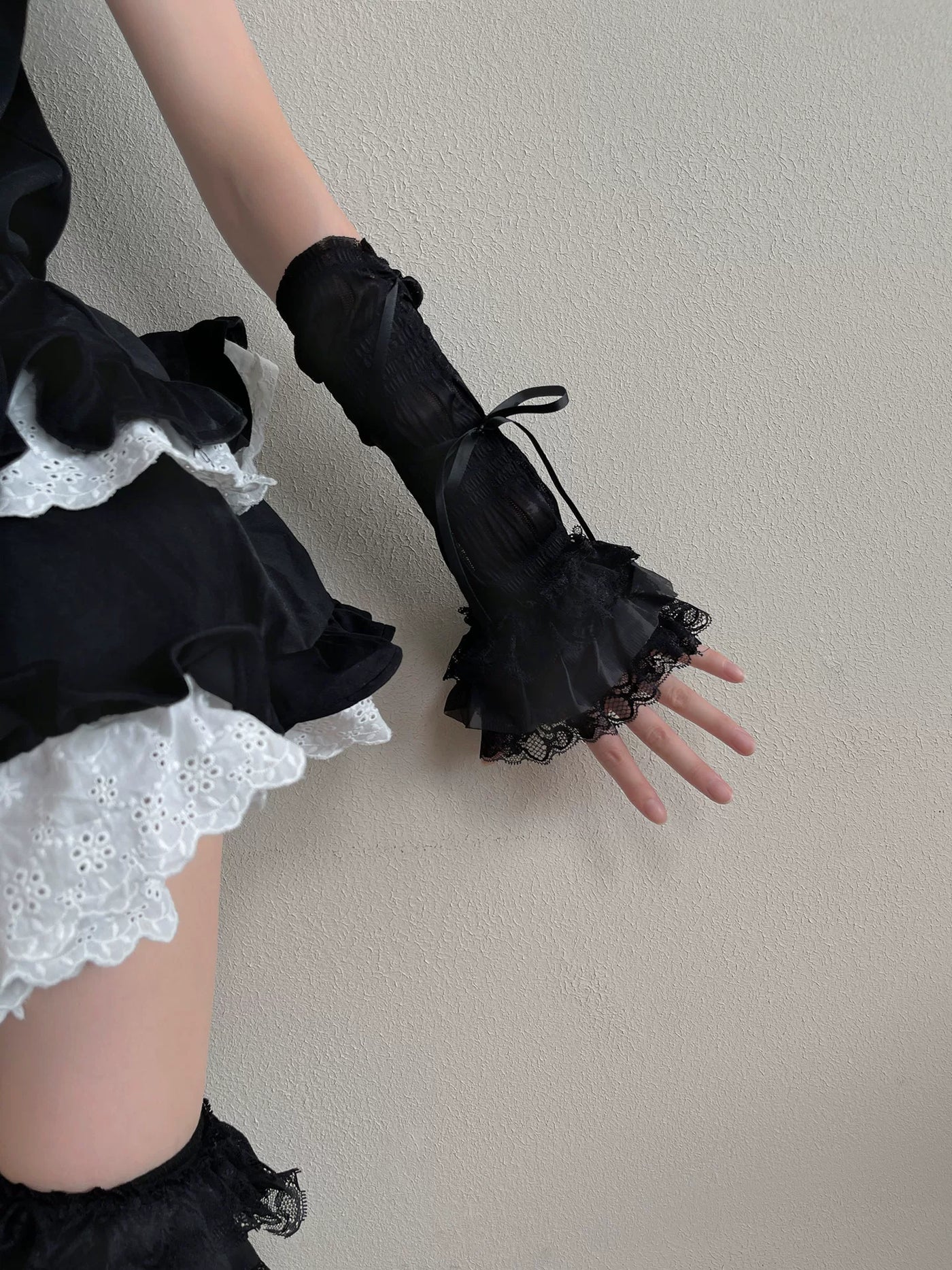 Sock Noble - Y2K Dark Lace - Long Fingerless Gloves with Ribbon Ties