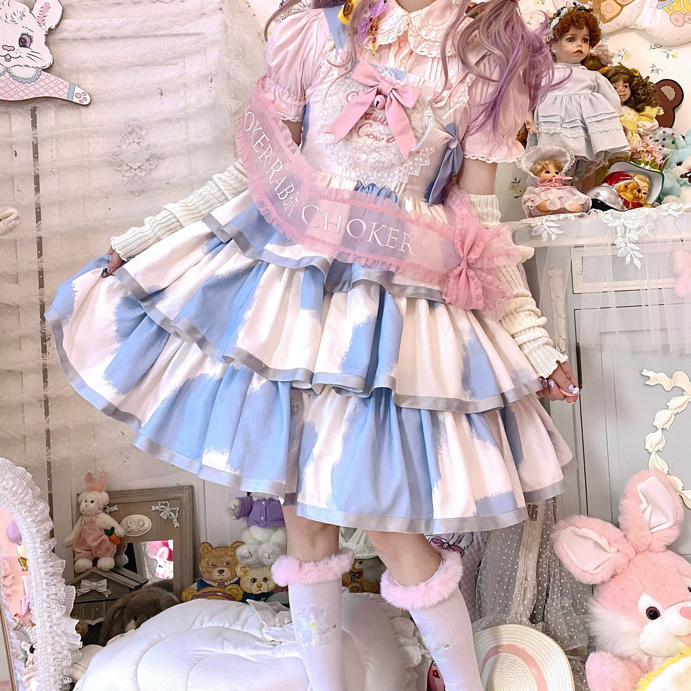 Tata Long Ear - Milk Cake Cow Print - Cow-Print JSK Dress with Three-Section Skirt