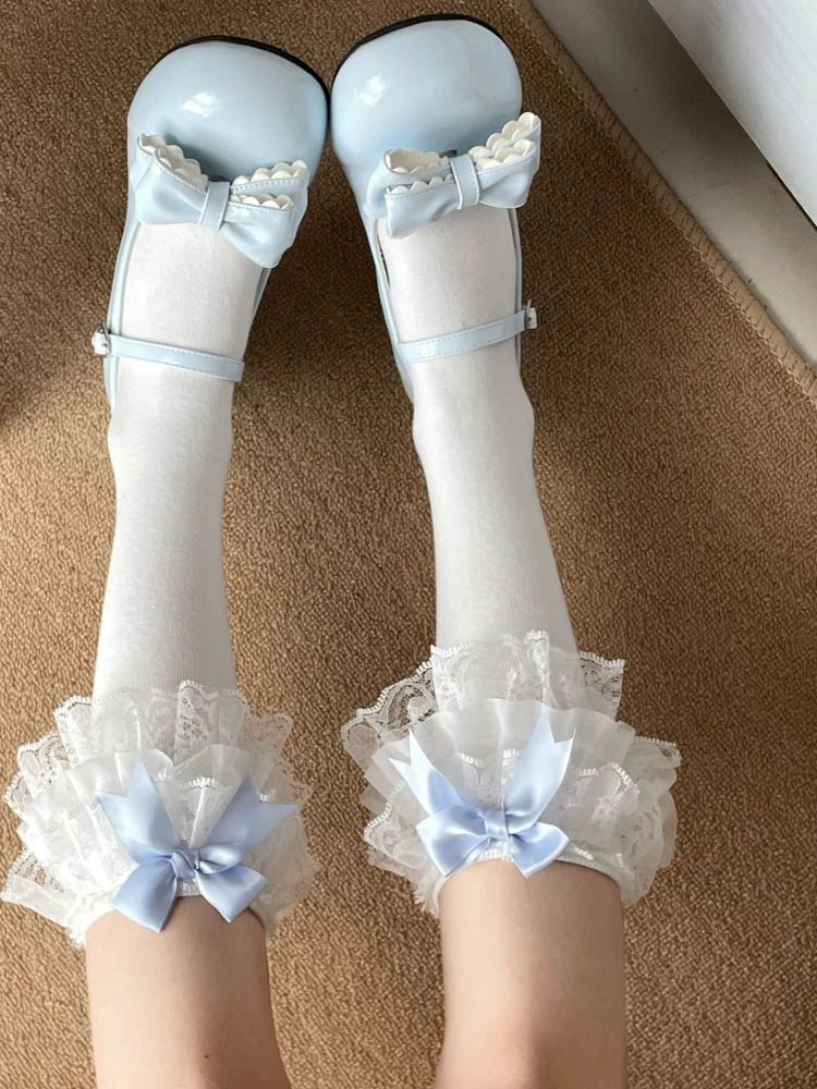 Fantasy Doll - Blue Bow Cotton - Cotton Mid-Calf Socks with Lace Bows