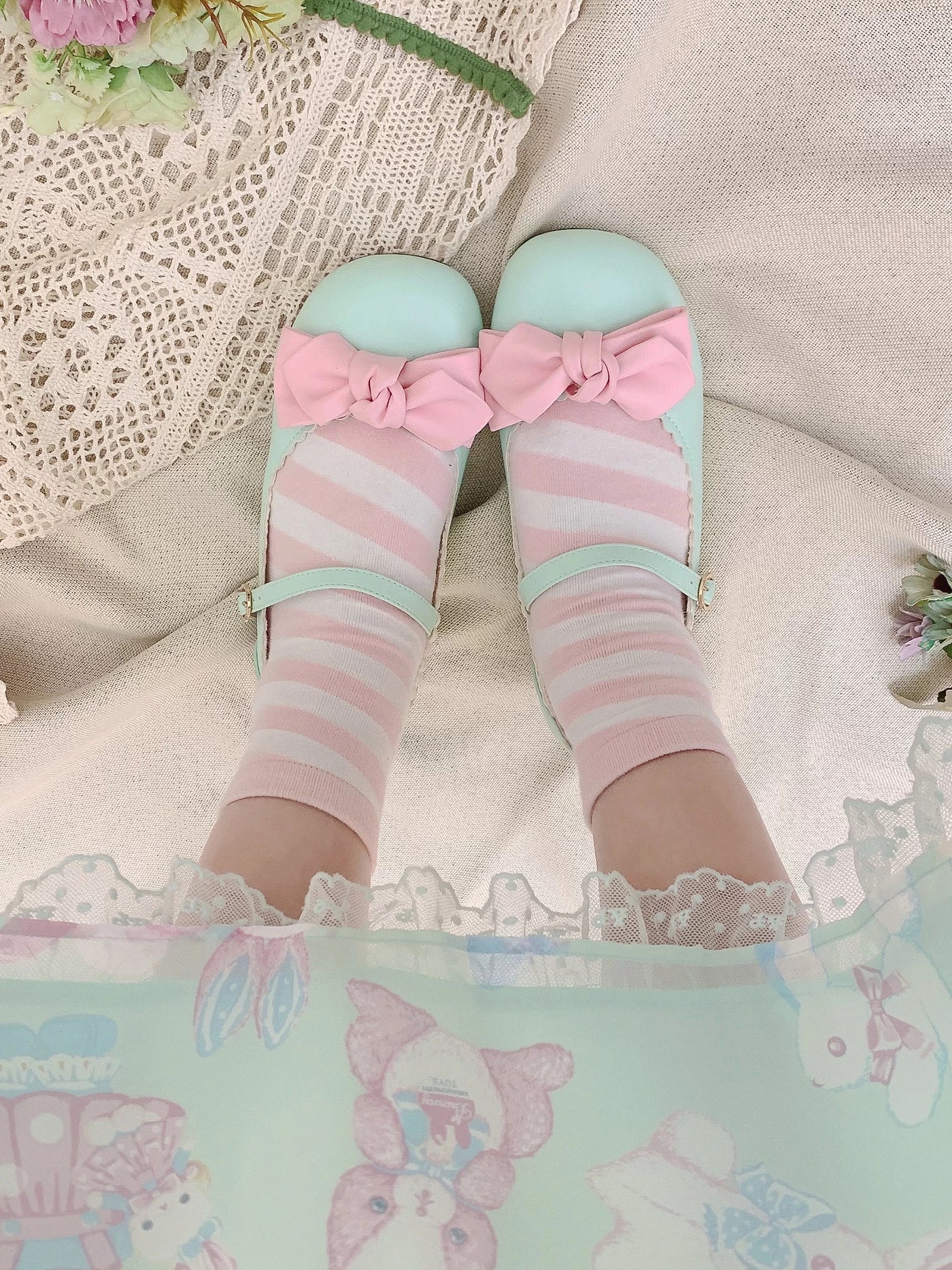 Sheep Puff rounded bow Lolita shoes with cushioned soles and pastel pink color, featuring a cute sheep puff design.