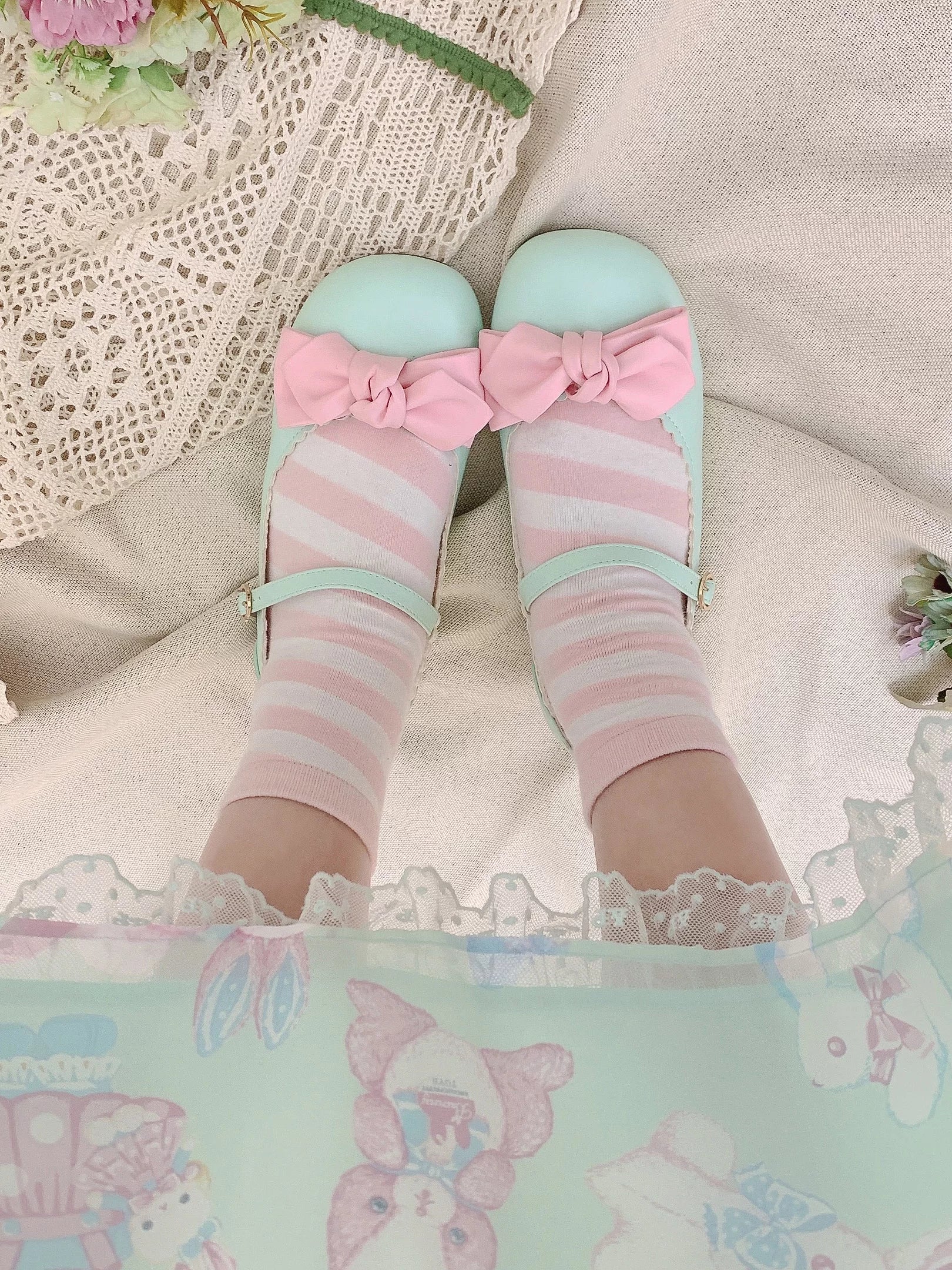 Sheep Puff rounded bow Lolita shoes with cushioned soles and pastel pink color, featuring a cute sheep puff design.