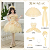 With PUJI - Cissy's Pilgrimage - Lolita Outfit Set, Boned Bodice Detail - Short 7-piece set (Short skirt + corset + shawl + small bow + bow train + necklace + Bonnet) In stock / S
