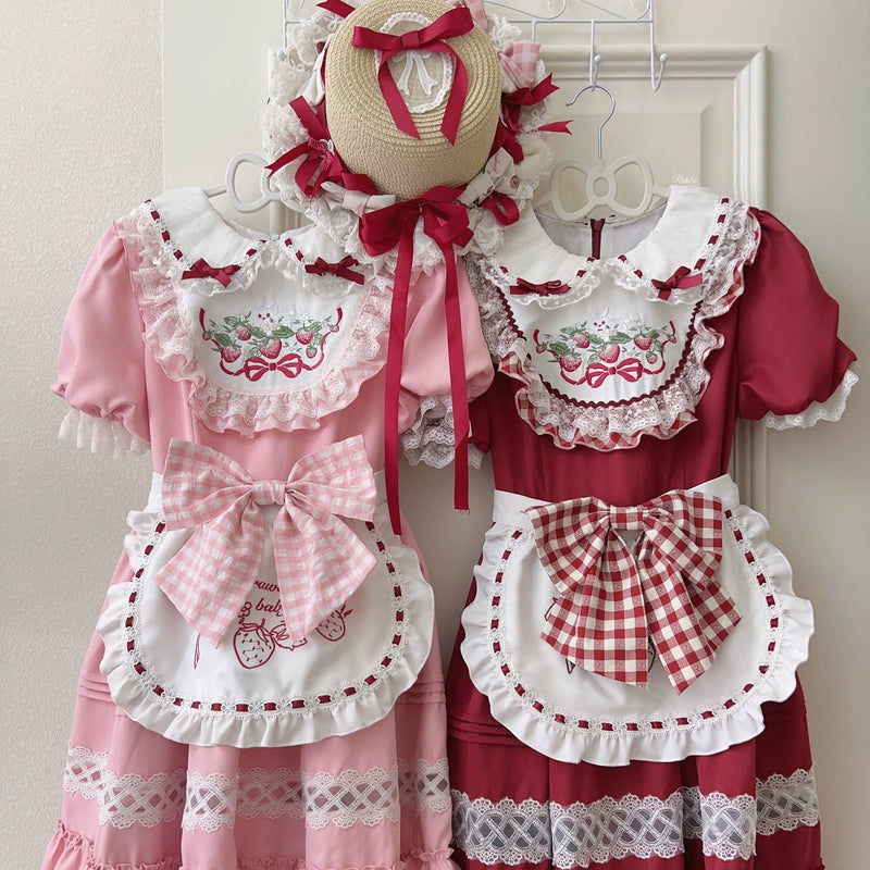 Sugar Girl - Strawberry Tea - Sweet Red Lolita OP Dress Short Sleeve Apron Dress