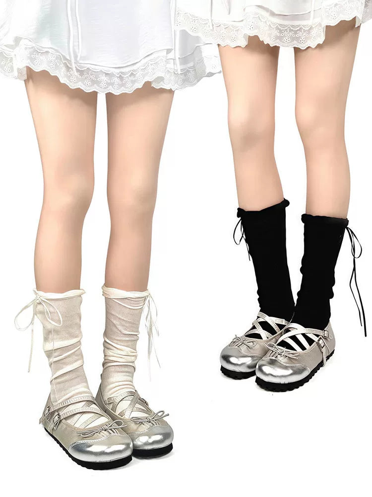 White Socks - Ballet Bow - Mid-Calf Scrunch Socks with Ribbon Ties