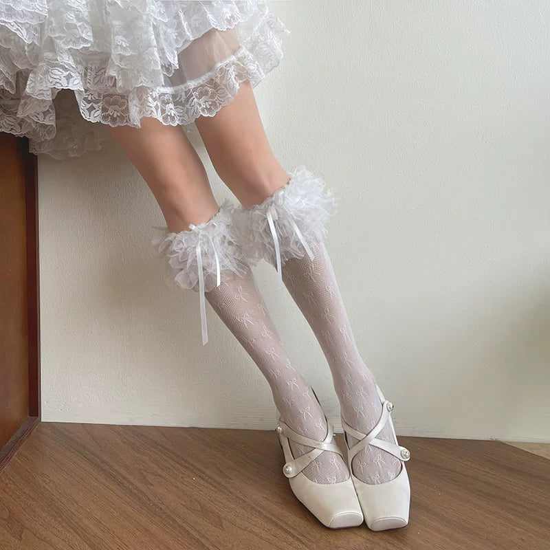 Sock Noble - Heart Lace Ruffle - Mid-Calf Lace Socks with Bow-Tied Cuffs