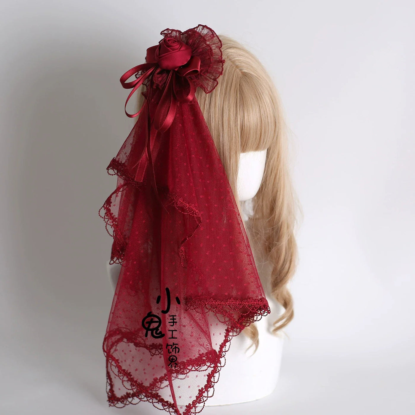 Xiaogui - Dark Red Gorgeous Headdress - Floral Veils Headwear