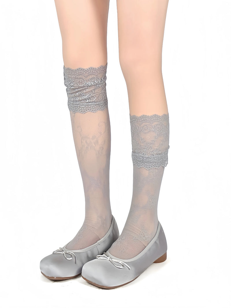 White Socks - Scalloped Lace - Lace Mid-Calf Socks with Wide Scalloped Cuffs