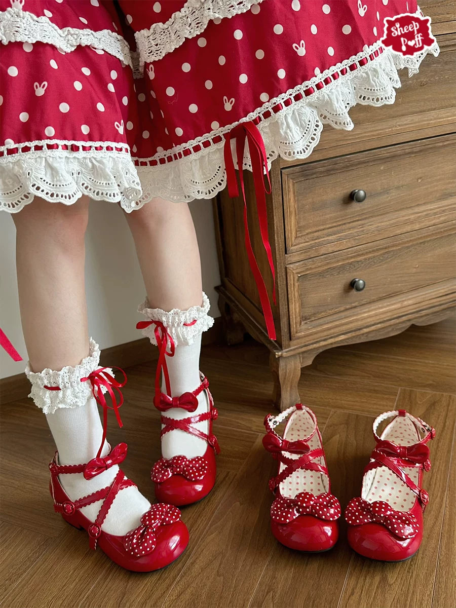 Sheep Puff vintage polka dot Lolita shoes with mid-low heels and sheep puff design, ideal for classic and cute fashion styles.