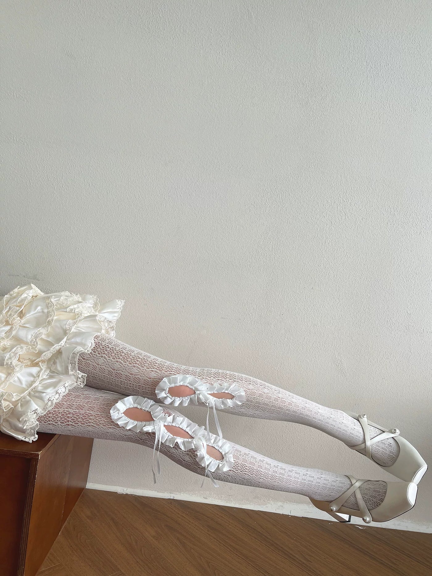 Sock Noble - Cutout Bow Lace - Lace Tights with Ruffled Cutouts and Ribbon Ties