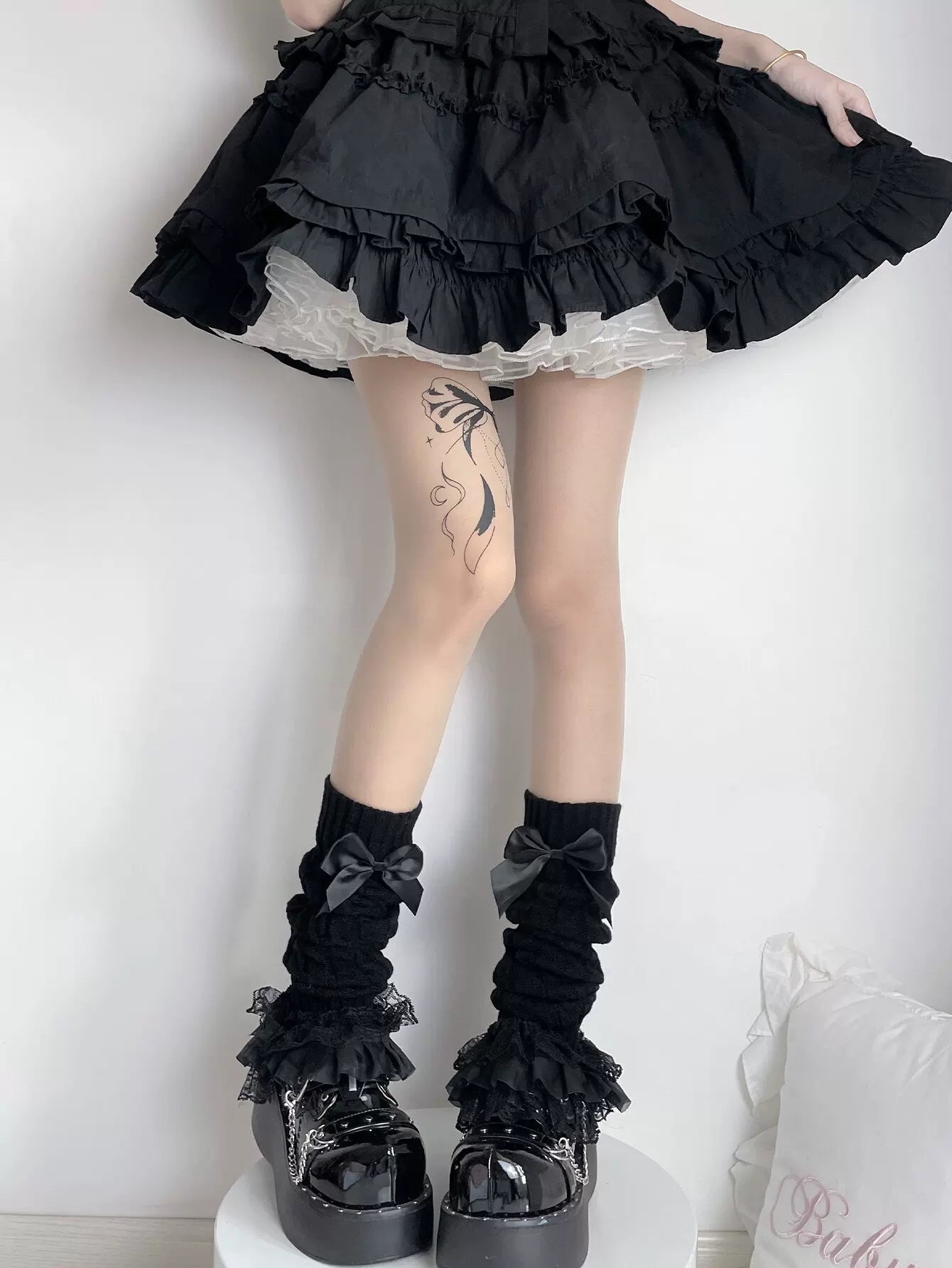 Fantasy Doll - Ribbon Cable - Knit Socks with lace ruffles and bow accents