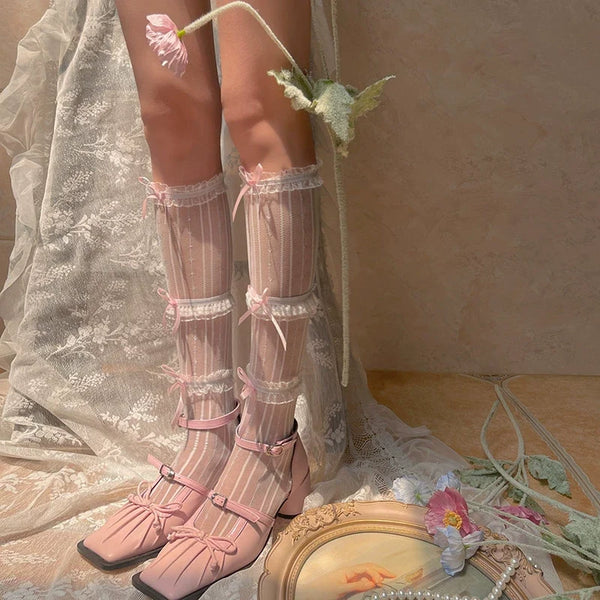 WAGUIR - Sweet Lolita Mid-Calf Socks 3-Layer - Lace Mesh Fairy Thin Socks Socks