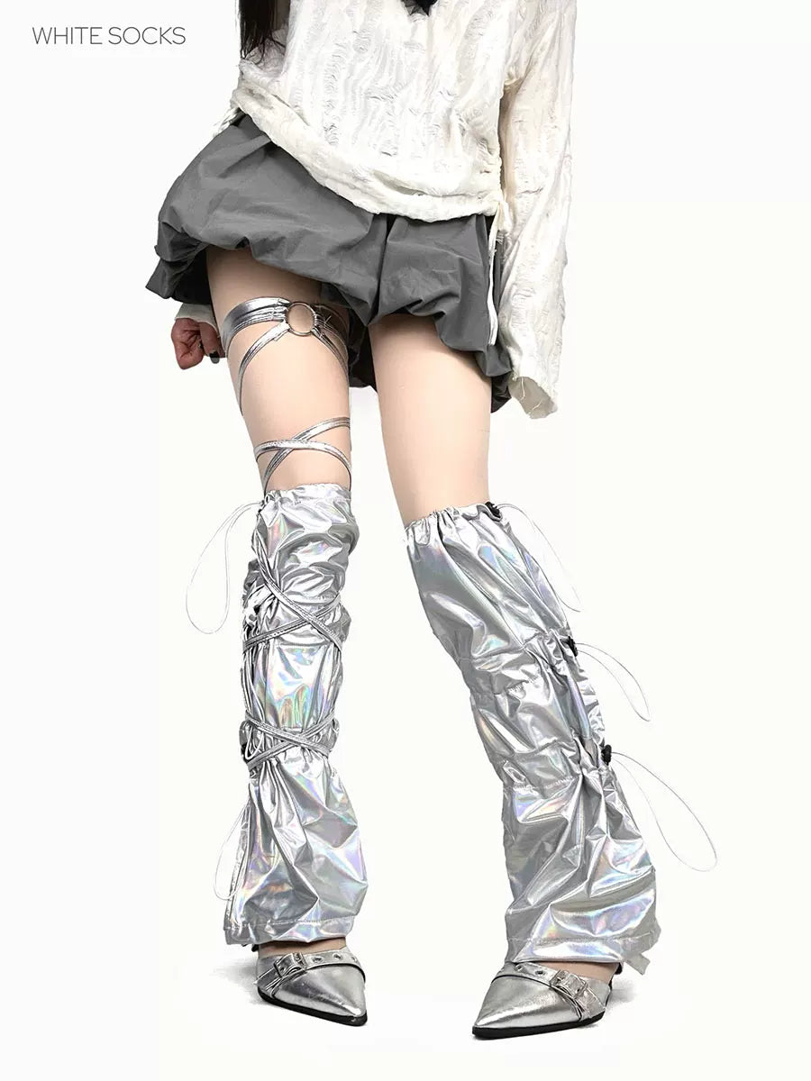 White Socks - Holographic Tech Scrunch - Silver Holographic Leg Warmers with Drawstring Details