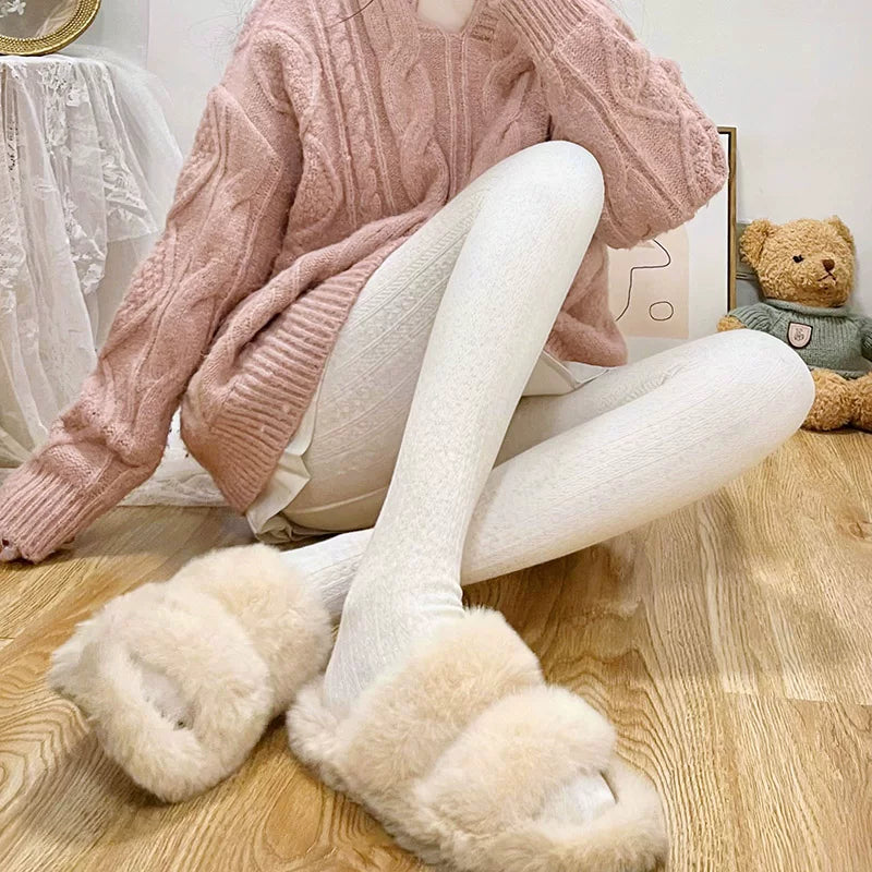 Oatmeal white thin fleece cable knit opaque Lolita tights