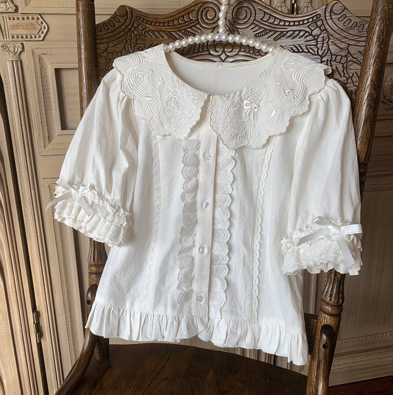 Flower Banquet - Bunny Embroidery - Kawaii Lolita cotton blouse with a doll-like collar - product detail 3