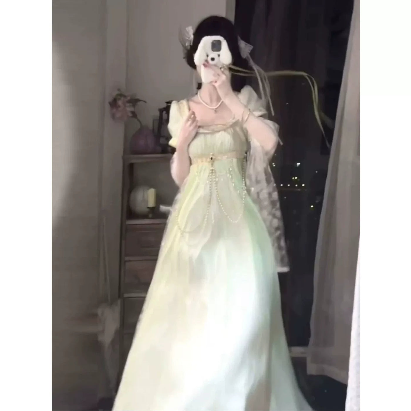 Creamy - Courtly Empire - Green OP Dress with Puff Sleeves and Waist Chain
