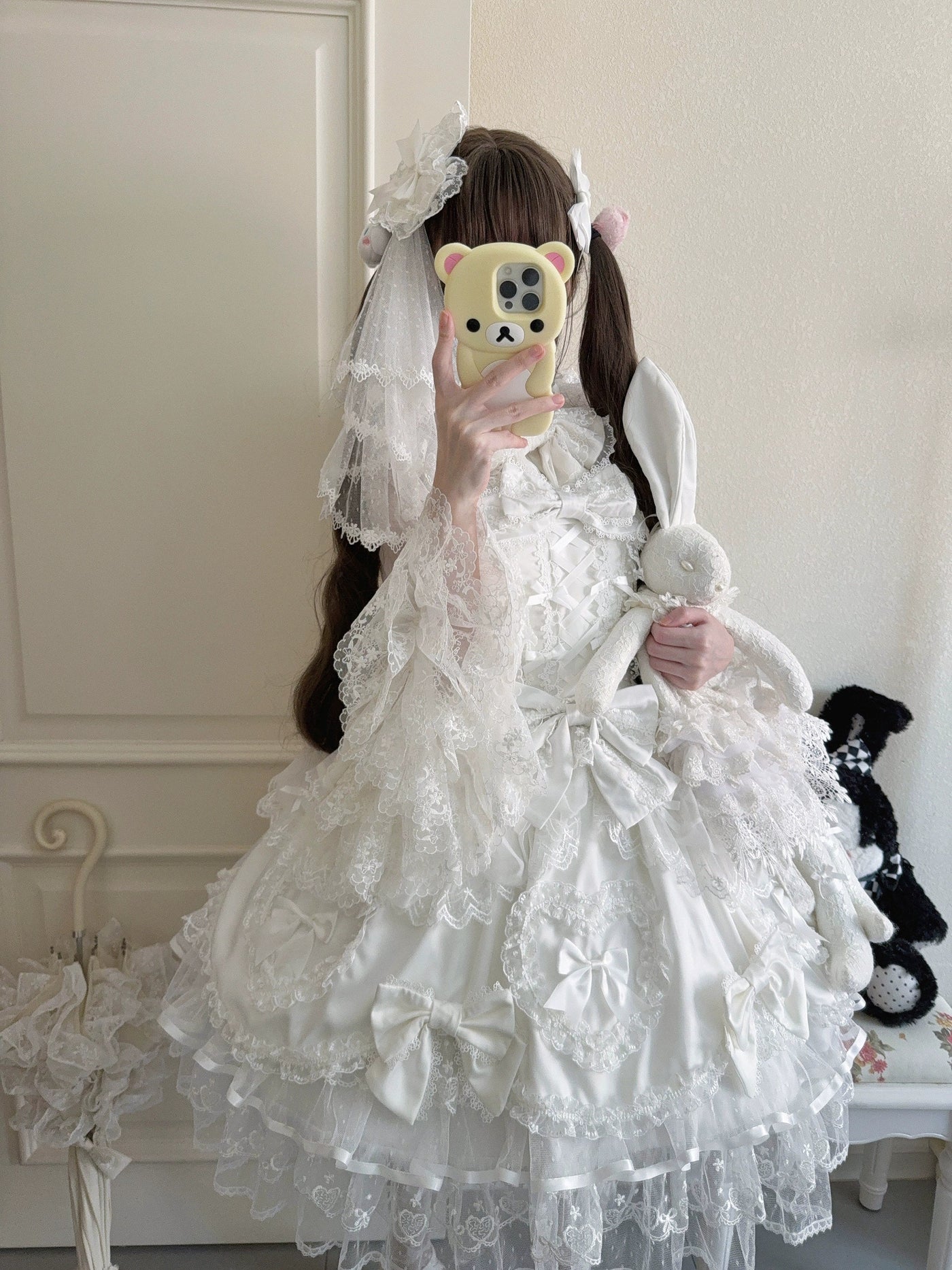 Velvet Sweetheart - Doll-like Sweet Lolita Jumper Dress, Bow Accents White JSK + Head Veil + Bow Trailing S