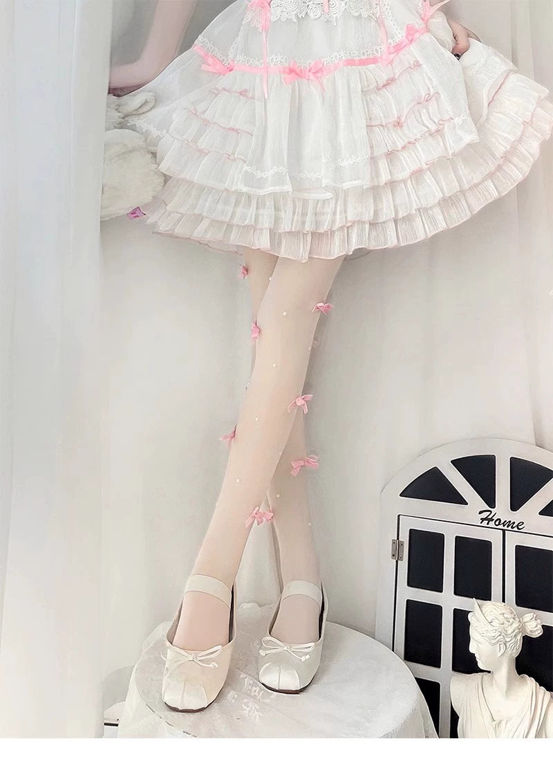 Floral Milk Cat - Pearl Bow - Ultra-Thin Tights with Ribbon Bows