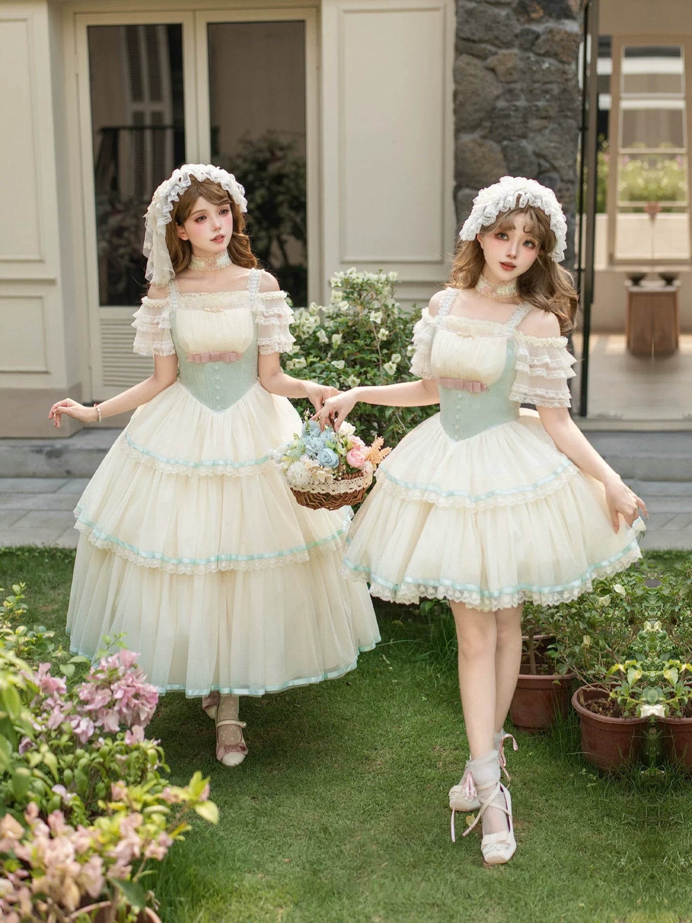 With PUJI - Sea Salt Soda - Classic Lolita Adjustable Corset JSK Dress, Tiered Tulle Hem