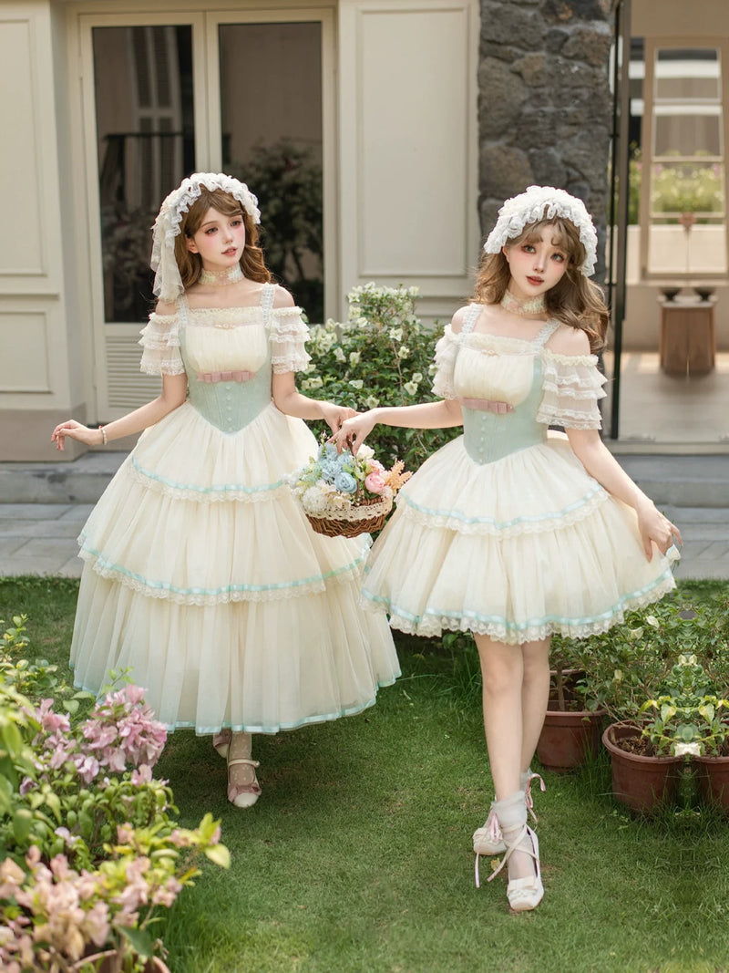 With PUJI - Sea Salt Soda - Classic Lolita Adjustable Corset JSK Dress, Tiered Tulle Hem
