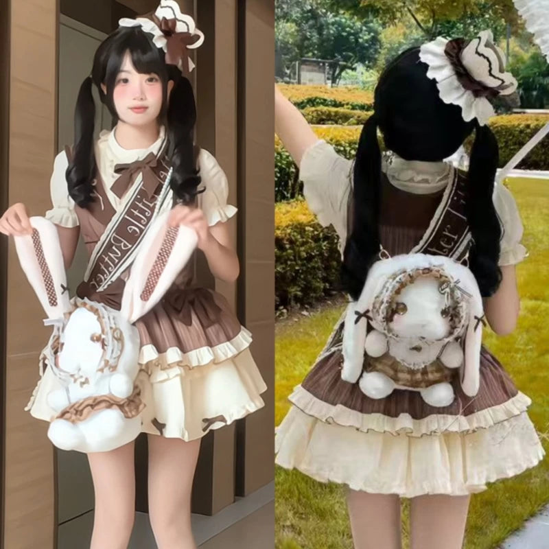 Brown plush lop bunny Lolita bag with satin accents, crossbody and backpack style