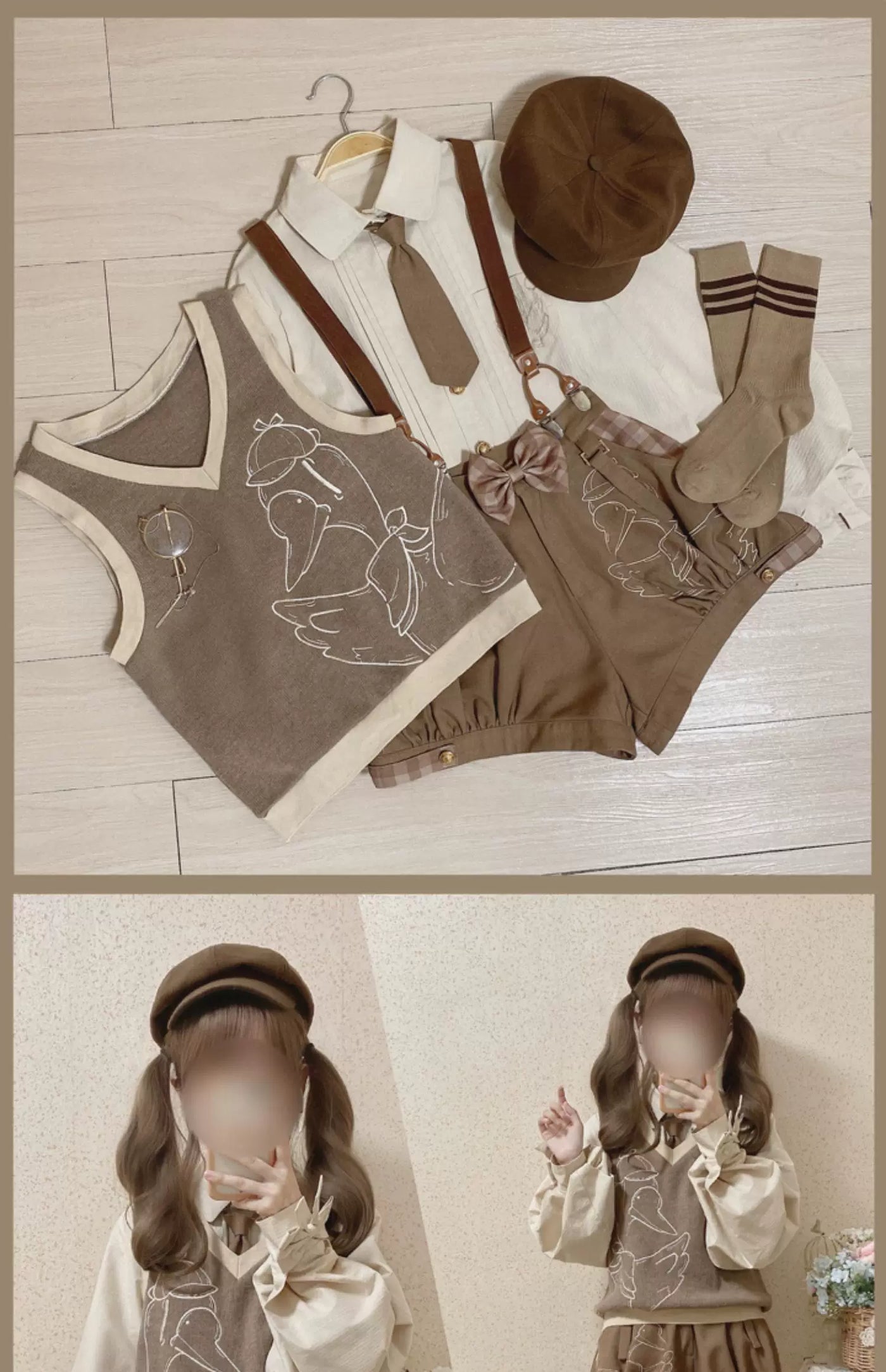 Coffee-brown and cream detective-themed blouse, vest and shorts coordinate shown in a flat lay and on models.