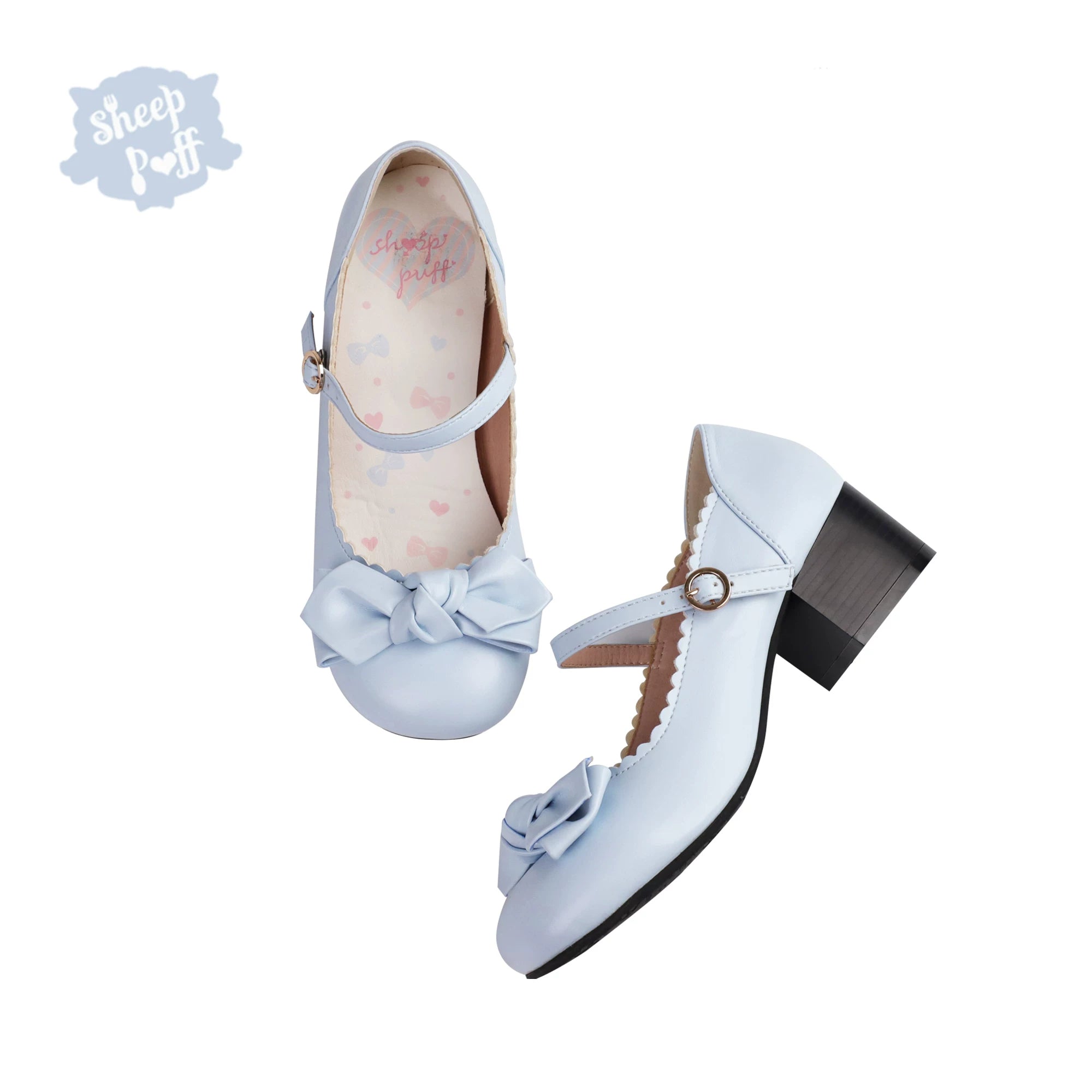 Sheep Puff Sakura matte Lolita shoes featuring rounded bow detail and soft pink finishing, perfect for cute fashion styles.