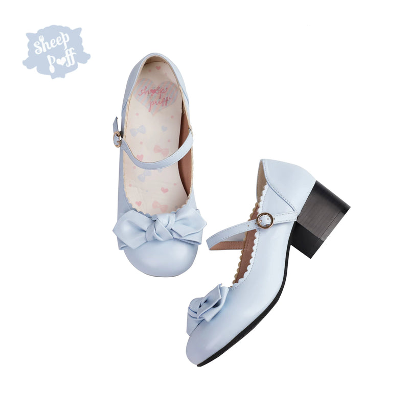 Sheep Puff Sakura matte Lolita shoes featuring rounded bow detail and soft pink finishing, perfect for cute fashion styles.