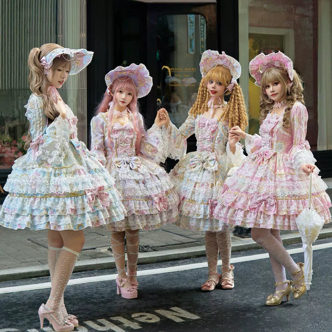 Lady Han Sweet OP Dress by Lolita Fetch featuring a charming candelabra chapter design, displayed on a model in a pastel setting.
