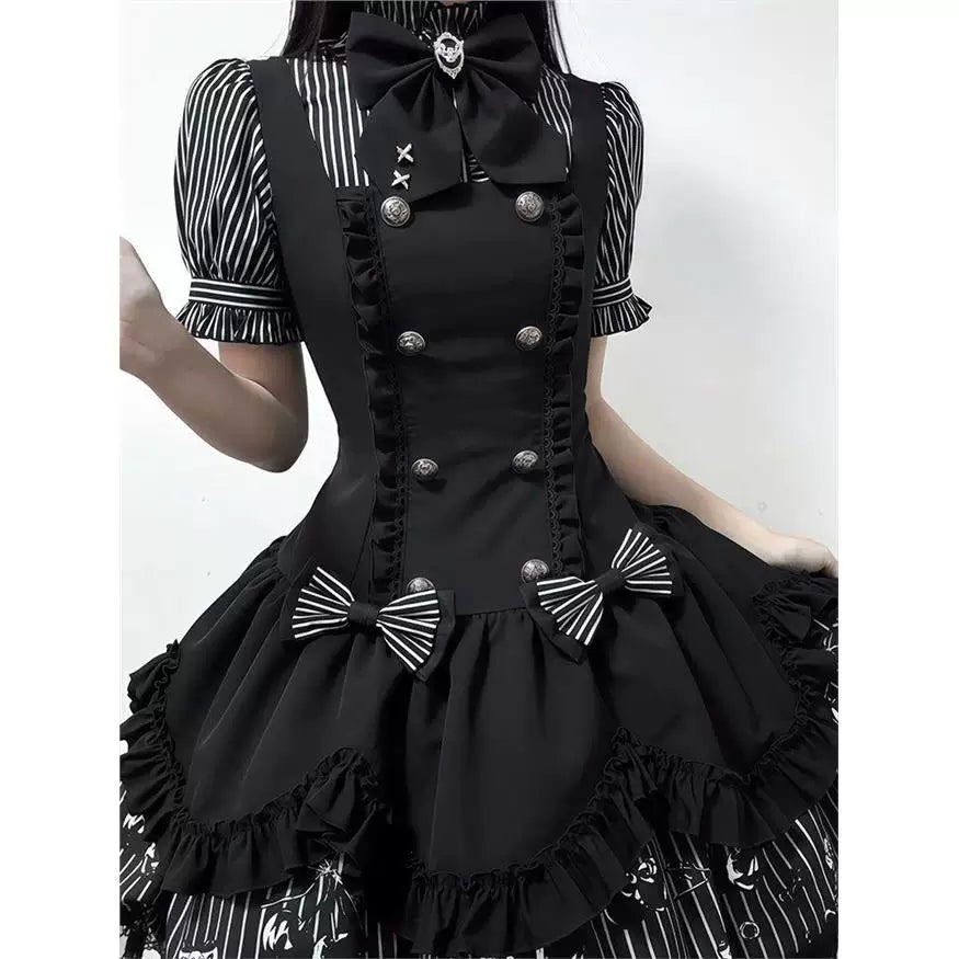 Sweetheart Dream Machine - Dark Sequence Ballad - Black-and-white striped JSK coordinate with puff sleeves