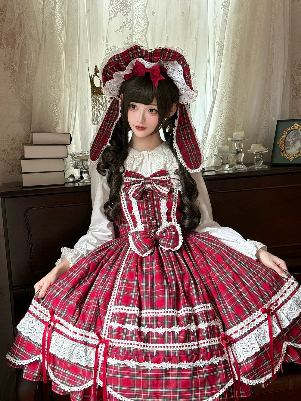 Miss Point - Plaid Petal Bunny - Kawaii Lolita Cotton Shirt, Bunny Ear