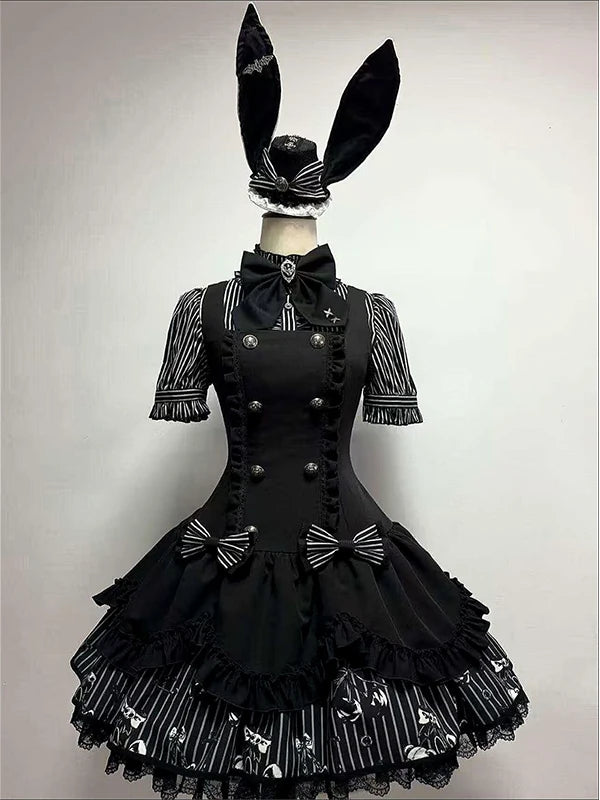 Black Gothic Lolita dress set with striped panels and bow tie on a mannequin