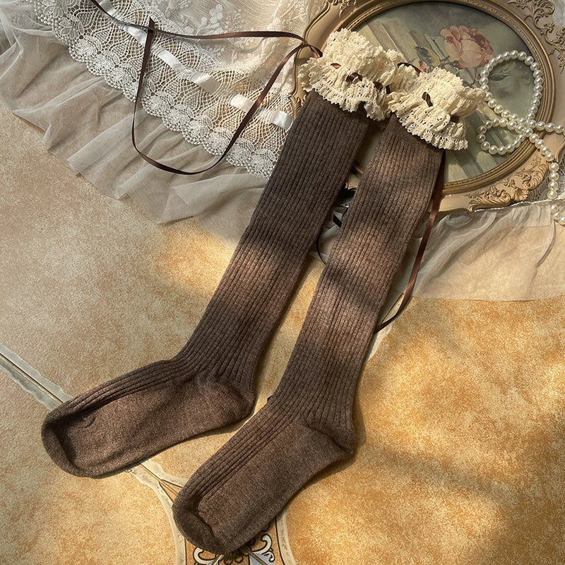 Sock Noble - Winter Lace - Cotton and Wool Mid-Calf Boot Socks with Ribbon Ties
