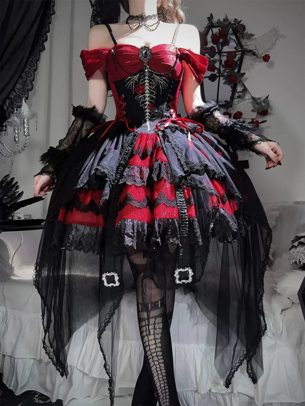 Letters from Unknown Star - Eternal Thorn of the Dragonbone - Embroidered Gothic Lolita JSK Dress, Off-Shoulder