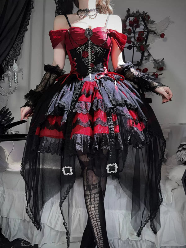 Letters from Unknown Star - Eternal Thorn of the Dragonbone - Embroidered Gothic Lolita JSK Dress, Off-Shoulder
