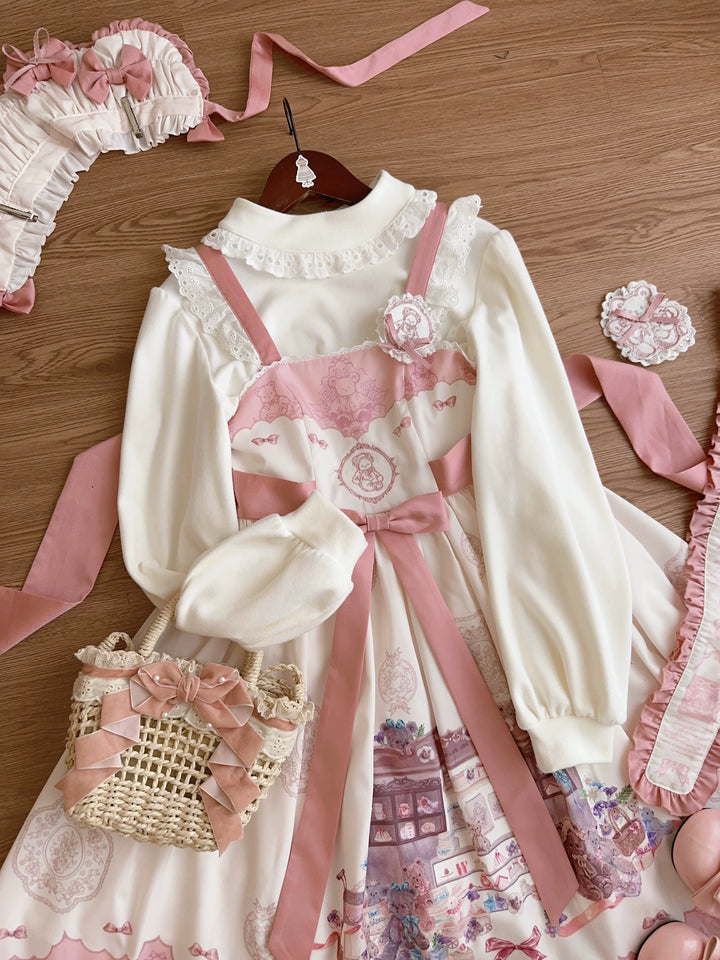 White long-sleeve inner top with lantern sleeves and lace collar
